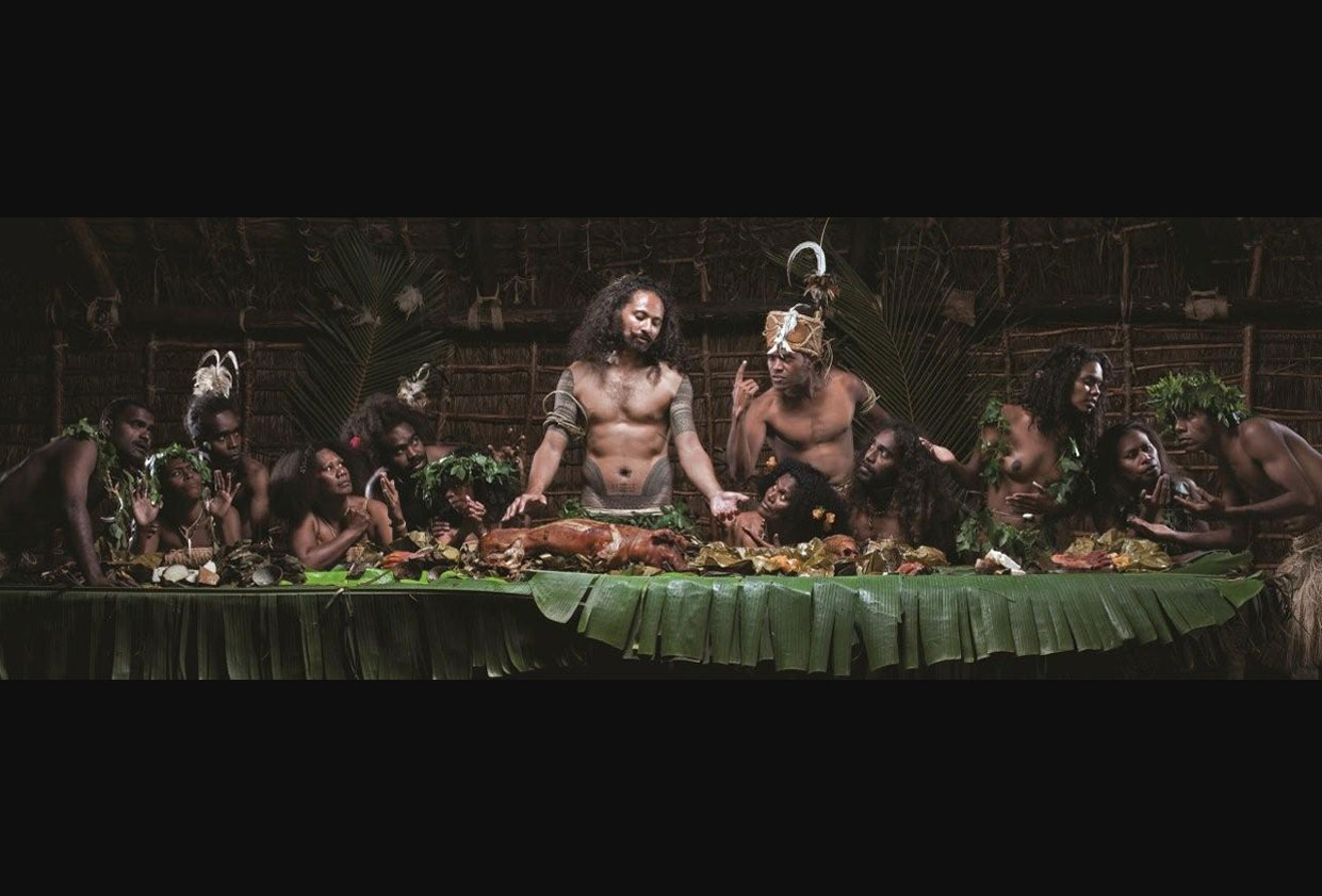 The Last Cannibal Supper by Mr. Greg Semu (New Zealand). Medium/Material: HD Photography and light boxes, total 9 images. Greg’s work provocatively explores issues surrounding the religious colonisation of indigenous peoples in the Pacific. The impact of this on Pacific people was as profound and long-lasting as its political counterpart. Working with Kanakpeople as actors, Greg emulated Leonardo Da Vinci’s famed image ‘The Last Supper’. This work, redolent with mimicry and irony, resonated with contemporary Kanaks as part of their historical and cultural experience.