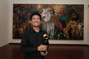 GRAND PRIZE WINNER: Baston ni Kabunian, Bilang Pero di Mabilang (Cane of Kabunian, numbered but cannot be counted) by Mr. Rodel Tapaya (Philippines). Medium/Material: Acrylic on canvas. Rodel Tapaya’s work is compelling and of monumental-scale. With its multiple narratives and diverse allegorical references, this stunning mural-sized painting embodies a vibrant strain in contemporary art from the Asia-Pacific region. Tapaya’s work depicts an allegory of greed by employing images from different mythologies about the origin of the mountains, rain flood and other creatures. He used folklore to discuss not only the rich oral cultural heritage but also to insert political commentary about prevailing issues.